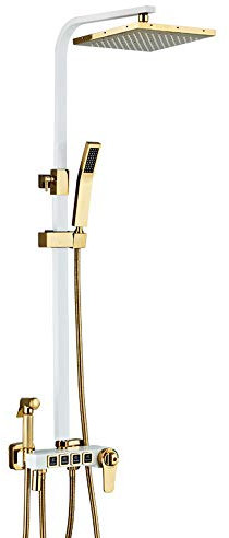 GLYYR 9 Zoll Thermostat Weiß Gold Quadratisch Duschsystem Wandhalterung Regendusche Duschset 4 Funktion Brausegarnitur mit Duschkopf, Handbrause, Badewannenarmaturen, Bidet Duschkopf