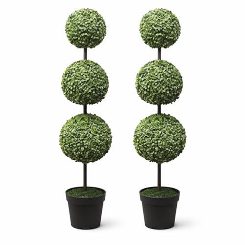 Metro Garden Floralcraft® Pair of Artificial Boxwood Topiary 3 Ball Trees in Weighted Black Pots – 118cm (4ft) Tall – Indoor & Outdoor