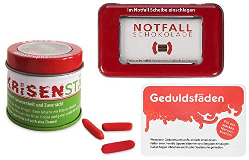 Liebeskummerpillen - 3er Krisen-Geschenk-Set aus Notfallschokolade, Fruchtgummi Geduldsfäden und Krisenstäben