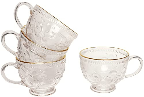 G Decor Set of 4 Marcelle Clear Transparent Crystal Glass with Gold rim, Textured Flowers, Large Tea Coffee Cups, Perfect as a Gift or Afternoon Tea