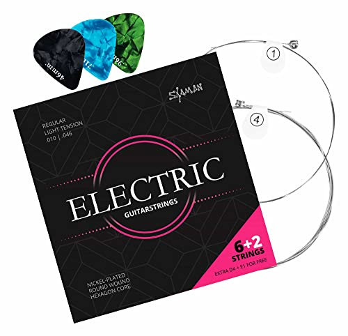 Shaman Gitarrensaiten für E-Gitarre - Premium Stahl Saiten für elektrische Gitarre - 6+2 Saiten-Set inklusive 3 Plektren, extra D-Saite und hohe E-Saite