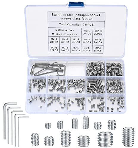 240 Pezzi Viti Senza Testa, Viti Esagonali Assortimento, M3/M4/M5/M6/M8 Viti a Testa Cilindrica Metriche, Viti a Esagono Incassato, Vite Grani in Acciaio Inox per Maniglie Porte, Rubinetto