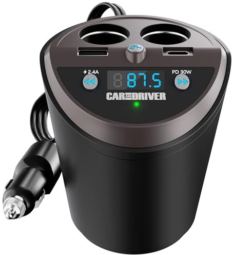 Car and Driver Smart FM Transmitter Bluetooth Cup Holder, Compatible with Alexa, Siri, and Google Assistant for Car, Dual USB-A and USB-C PD Fast-Charging Ports and Cigarette Lighter 12V Power Sockets