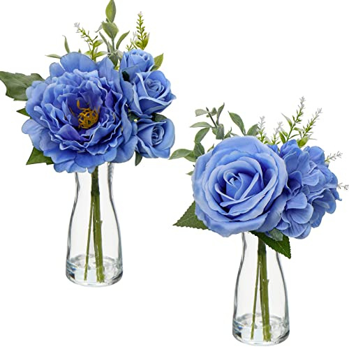 2 pcs Künstliche Blumen Seide mit Glasvase, blau kunstblumen Hortensien Seide Pfingstrose gefälschte Rose plastikblumen Gemischt, Realistische Blume Silk im topf für Wohnzimmer Büro Dekor Tisch Küche
