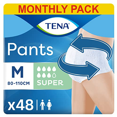 TENA Pants Super, 48 pairs of Unisex Incontinence Pants (4 x 12 packs) for Women and Men with Heavy Bladder Weakness, Medium