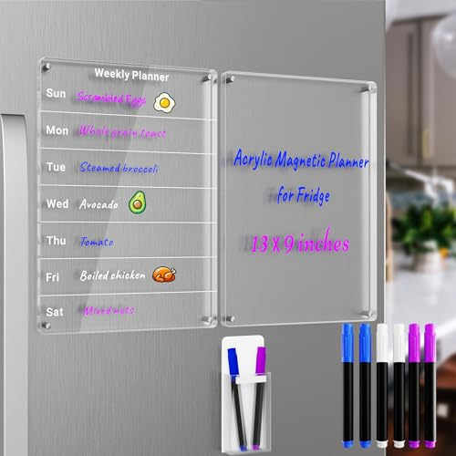 Magnetisk kalender i akryl för kylskåp, 23 cm x 33 cm torr raderbar bräda och veckokalender för kylskåp, klar uppsättning av 2 raderbar magnet veckoplanerare anteckningstavla med 6 markörer