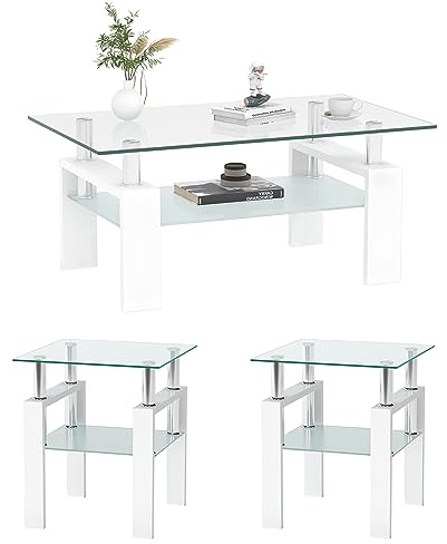 Meihua Glass Coffee Table and End Table Set of 3, Modern Living Room Table Set with Tempered Glass & Metal Frame, Double-Layer Side Tables (Clear Glass + White Leg, Set of 3)