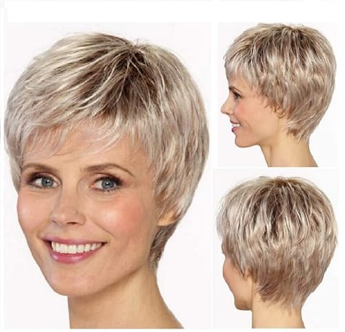AUBWIG Blonde Kurze Pixie Cut Perücken Kurze glatte Haare Natürliche Perücke Daily Style für Damen Gestufte Kunsthaar Kurze Perücke für Damen (gemischt blond)
