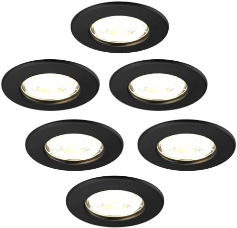 Ledvion 6er set LED Einbaustrahler Schwarz 5W Warmweiss wasserdicht IP65 | Einbaumass Ø84mm; Wasserfest fuer Bad Dusche und feuchte Innenbereiche; Integrierte LED Lichtquelle enthalten