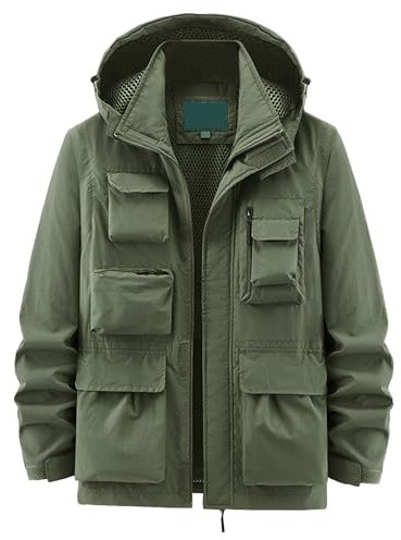 ZDJSWJ Vattentät vinterjacka för män lätt cargojacka flera fickor softshell vindtät ytterhuva kappa, Militärgrön, 3XL