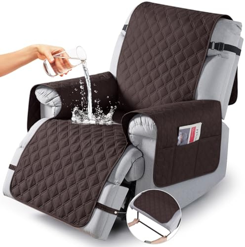 TAOCOCO 100% Waterproof Recliner Covers, Recliner Sofa Covers with Leg Straps, Reversible Recliner Couch Cover for Reclining Chair, Washable Couch Protector for Pets Kids(1 Seater 22, Chocolate)