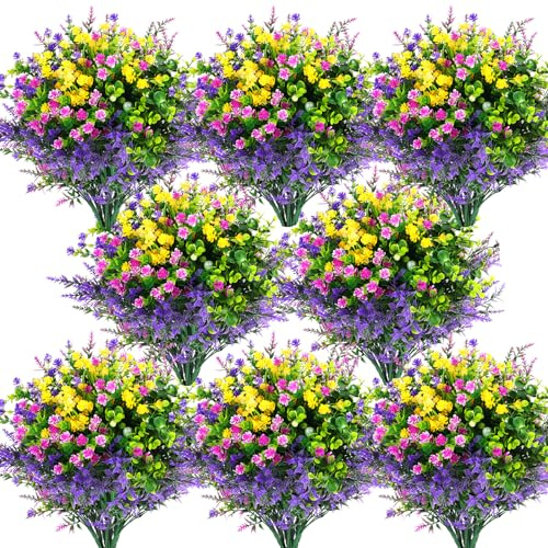 Hananona 24 Pcs Artificial Flowers Outdoor, Faux Artificial Plants UV Resistant Plastic Flower Bulk for Hanging Planter Porch Window Home Wedding Summer Decor (24, Fuchsia, Purple, Yellow, Green)