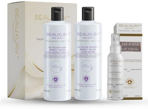 Beauxury Milano Kit Ricostruzione Antigiallo Shampoo, Maschera e Siero con Bava di Lumaca per Capelli Biondi e Danneggiati No Yellow ad Azione Riparatrice per Danni da Decolorazione