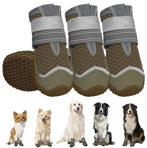 SlowTon Hundeschuhe Pfotenschutz, 4 Stück atmungsaktive Hunde Schuhe Outdoor mit Rutschfester Sohle, verstellbarem reflektierendem Klettverschluss Hundestiefel für kleine, mittlere und große Hunde