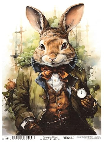 Josys Bastelmärchen Reispapier A4 Strohseide Decoupage Ostern Hase in Vintage Anzug RE6469
