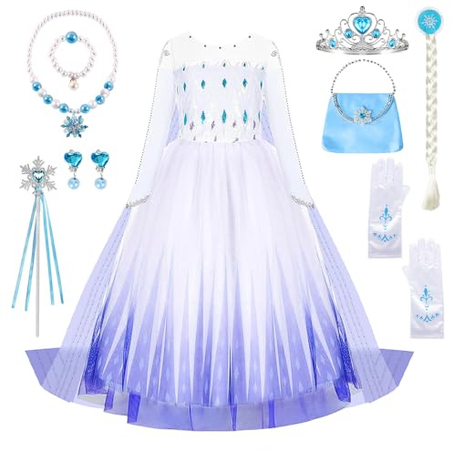 YYDSXK Prinzessin Kleid Mädchen, Mädchen Kinder Kleid 12-teiliges Set mit Kronen Zauberstab Halsketten Set, Prinzessin Kostüm für Weihnachten Halloween Karneval Cosplay Geburtstag Party