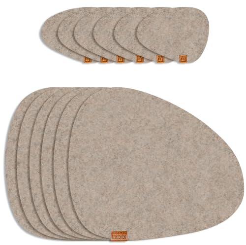 MIQIO® Lot de 12 sets de table en feutre - Durable - De qualité supérieure - Certifié Ökotex - En bouteilles PET 100 % recyclées - 40 x 32 cm - Lavables - Dessous de verre - Beige