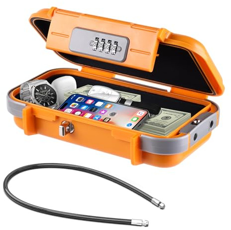 Hurinan Tragbarer Safe mit Code, [Wasserdicht Anti-Diebstahl] Reisesafe Kombinations sicherheitskoffer Schlossbox mit abnehmbarem Drahtseil, für Strand, Hotel, Büro, Urlaub (Orange)