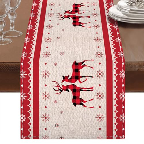 Tischläufer Weihnachten 230 x 33cm, Tischdecke Weihnachten, Tischläufer Modern, Rote Leinen Weihnachtstischdecke mit elegantem Elch und Schneeflocke bedruckt für Tischdeko Weihnachten, Urlaub Deko