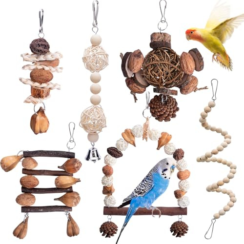 Jouet pour Oiseaux en Bois Naturel - Lot de 6 Accessoires avec Échelles, Balançoires, Cloches pour Perroquet, Perruches, Petite Aras, Oiseaux Inséparables