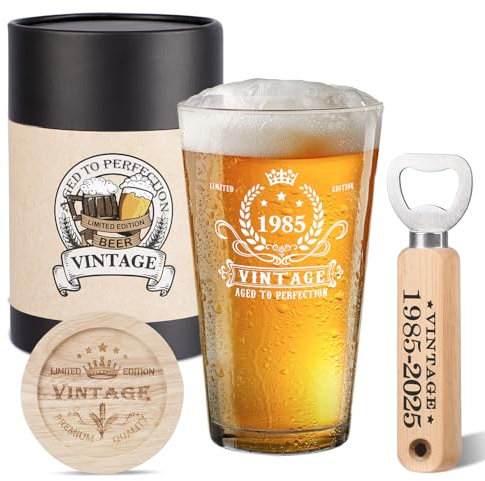 Geschenke zum 40 geburtstag mann, Vintage 1985 Bier Glas, Holz Flaschenöffner, Vintage Bier Geschenkbox, Holz Untersetzer und Grußkarte,40. Geburtstag Geschenkideen für Männer