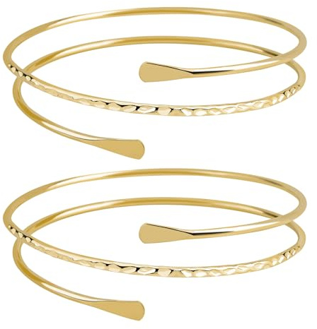 BQMEZRNUS 2PCS Boho Gold Upper Arm Cuff Bracelet for Girls Women Gold Adjustable Coils Arm Band Cuff Bracelet Punk Bangle Minimalist Style Bangle Open Armlets