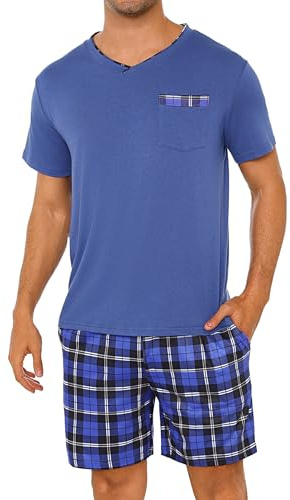 Leversic Zweiteiliger Schlafanzug Herren Kurz Baumwolle mit Karierter V-Ausschnitt, Shorty Pyjama Herren Set Sommer Nachtwäsche Pajamas for Männer, 308-Blau, L