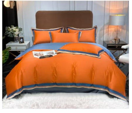 ASHSDI Bettwäsche Set 4-teiliges Bettlakenset Satin Quilt Bettbezug-Set Langstapelige Baumwolle Ultraweiches Bettlakenset Weich Bettbezüge(Orange,1.5-1.8m)
