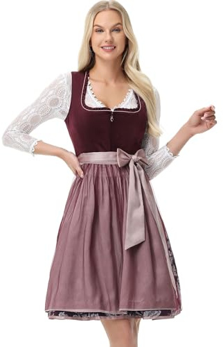 TrendiMax Damen Midi Dirndl - Elegantes Trachtenkleid Samt Dirndlkleid für Oktoberfest mit Dirndlschürze 34-46