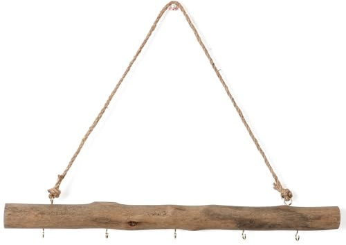 BYHER 15-Inch Driftwood Wall Hanging Jewelry Hanger - Rustic Wood Logs Hanging Branch Decor with 5 Hooks, Handcrafted from Natural Drift Wood Pieces for Crafts (Rustic)