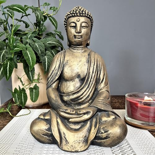 FABRIQ Buddha Figur 38 cm – 12 kg Steinguss – Full Gold – Wetterfest – Zen & Feng-Shui Gartendeko