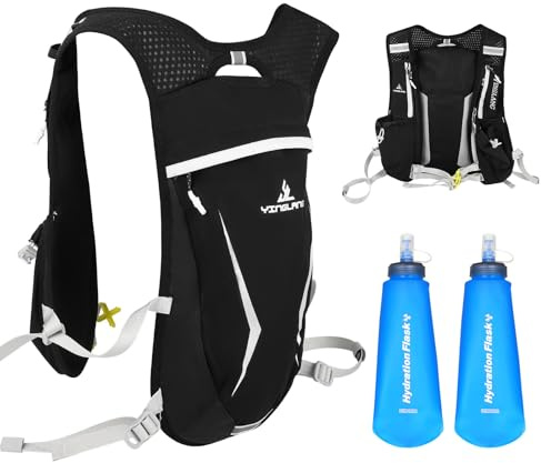 Trinkweste zum Laufen, Leichter Laufwesten-Rucksack, funktionelle Weste mit 2 * 500ml Softflasks zum Radfahren, Klettern Wandern, Herren und Damen, 5 Taschen für Wasserflaschen Karten Schlüssel(Black)