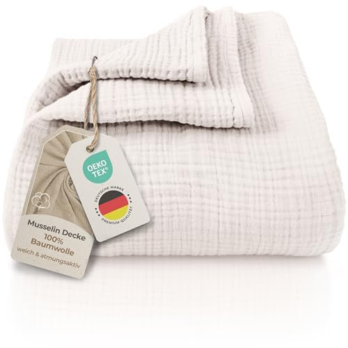 LAYNENBURG Premium Musselin Tagesdecke 150x200 cm - 100% Baumwolle - extraweiche, leichte Sommerdecke als Kuscheldecke, Bett-Überwurf, Baumwolldecke, Couch-Überwurf - warme Sofa-Decke (Creme)