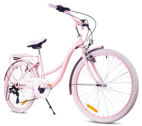sun baby Mädchenfahrrad 24 Zoll Flower Bike Rosa, Kinderfahrrad für 8-12 jährige Mädchen mit 7-Gang, Gepäckträger, Metallkotflügel, V-Brake, Kettenschutz