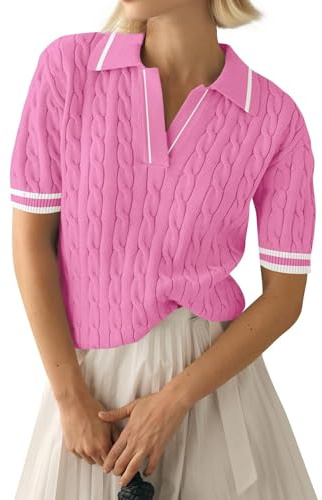LACOZY Women's 2026 Summer Short Sleeve Sweater V-Neck Collar Pullover Sweater Tops Lightweight Knit Polo Shirt Pink S