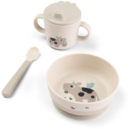 Done by Deer Foodie first meal Geschirrset Tiny farm Beige - Praktische kindergeschirr - baby löffel, Schüssel mit saugnapf und Trinkbecher, 100% PP in Lebensmittelqualität mit rutschfestem TPE