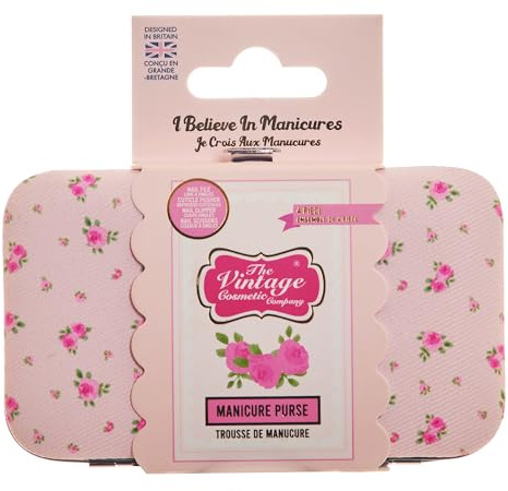 The Vintage Cosmetic Company Coffret de manucure miniature Rose, kit de voyage pour le soin des ongles avec étui à petites roses, comprenant une lime à ongles, un coupe-cuticules et un coupe-ongles