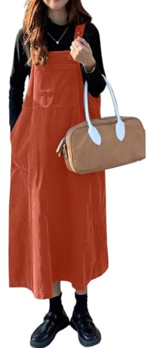 chouyatou Women's Cute Sleeveless Corduroy Jumper Dress Flare Midi Long Pinafore Dress with Pockets (Medium,Orange)