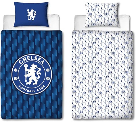 CHARACTER WORLD Chelsea FC Offizielles Einzelbettbezug-Set, geometrisches Design | Blau wendbarer 2-seitiger Fußballbettbezug offizielle Merchandise inklusive passendem Kissenbezug | Polycotton