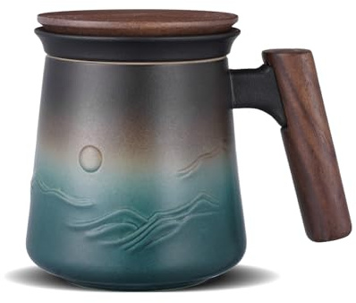 ZENS Taza de Te con Filtro y Tapa, Taza de infusión de té de con cesta de Infusor y tapa para remojar para té a granel con asa de madera, 430ML cerámica té Difusor, azul Elegante