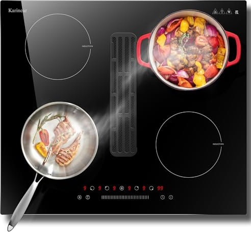 Karinear Induction Hob with Extractor Hood, 6400W, 9 Speeds, Touch Control with Timer, Safe Lock, Boost, Fume Extraction Function