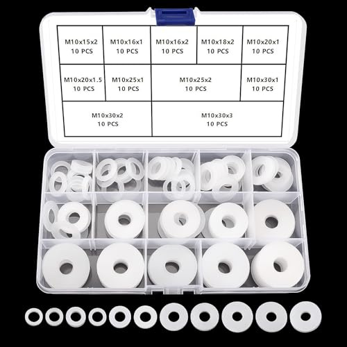 YIXISI 110 Piezas M10 Kit de Surtido Arandelas Planas de Silicona, Arandelas de Silicona de Sellado, Arandela Plana, para Grifos/Tornillos/Manguera de Jardín, Blanco