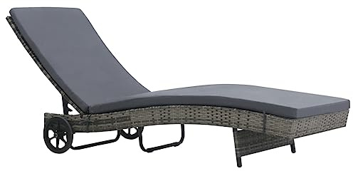 Hoopleep Sonnenliege mit Rädern, Poly-Rattan Anthrazit, verstellbar, 199x60x37 cm, für Outdoor Terrasse Garten Balkon, inkl. bequemer Auflage, witterungsbeständig