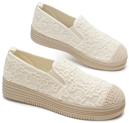 GLAMORA Zapatillas Mujer Sin Cordones Encaje Transpirable con Elástico Ajustable Plataforma Cómoda Punta Redonda Suela Antideslizante Estilo Casual Urbano Calzado Ligero Primavera Verano beige-41