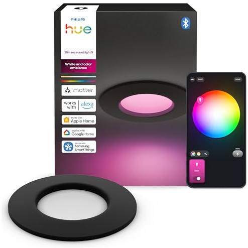 Philips Hue Slim Downlight, Plafón LED Empotrable, 1000 lm, 90 mm, Diseño Delgado, Espectro Luz de Día 1000K-20000 K, Regulación Ultrabaja, Color Preciso, Iluminación Inteligente, Negro, Pack de 1 ​
