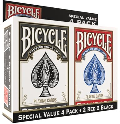 Bicycle Playing Cards 4 Pack, Standard Index Poker Size Decks in Red and Black for Poker, Blackjack, Rummy, Family Game Nights, and Classic Card Games, All Ages