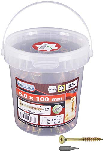 Connex Universalschrauben 6,0 x 100 mm - 85 Stück im Set - Senkkopf - TX-Antrieb - Teilgewinde - Gelb verzinkt - Inkl. Bit / Schrauben-Set / Schrauben-Eimer / B30085