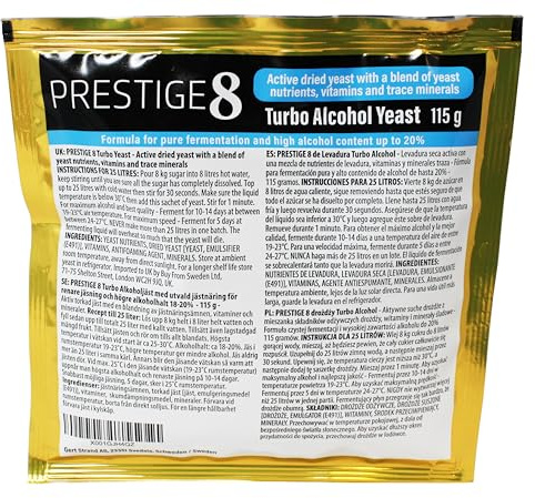 The Original Prestige - Prestige 8 Turbo Yeast 20 Percent - All Purpose Home for Pure Fermentation and Fermentation of Beverages, Distillates, and Fruit Drinks - 115 Grams