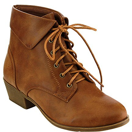 TOP Moda EC89 Women's Foldover Lace Up Low Chunky Heel Ankle Booties (8.5, Tan)