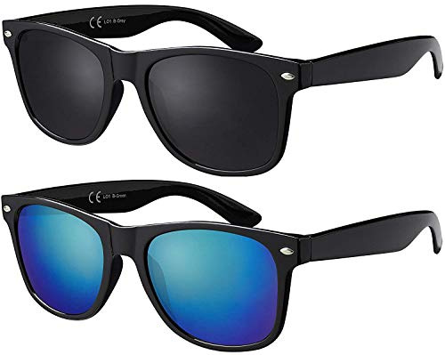 La Optica B.L.M. unisex-solglasögon, UV400 CAT 3 CE, inkl. glasögonpåse och rengöringsduk, speglade, polariserade, gradient-varianter, 2-pack glänsande svart (glas: grå/grön)